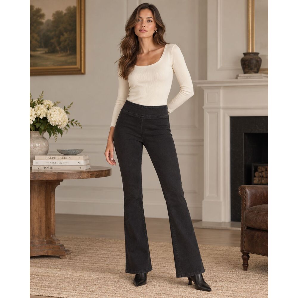 FRAME Women’s Black Stretch Pants Size 2 Sheen Noir Slim Flare Pull On Luxury